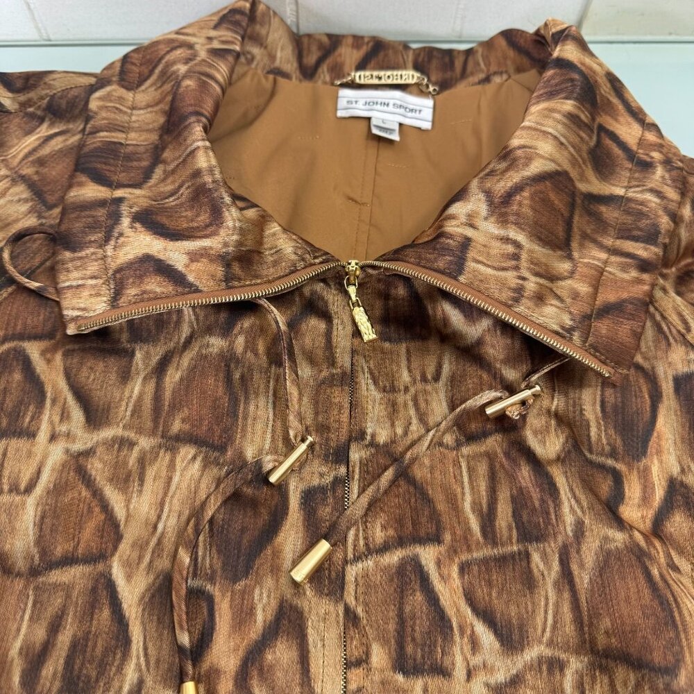 ST. JOHN Belted Trench Coat Jacket Womens Large L Satin Animal Print Full Zip - Picture 10 of 11
